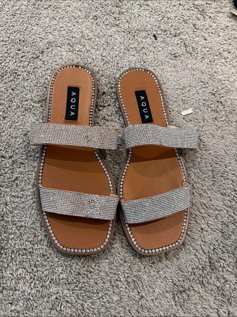 Aqua Rhinestone Double-Strap Slide Sandals in Tan and Silver
